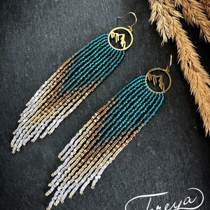 Mountain fringe earrings, teal ombre long fringe beaded earrings, gradient dangle seed bead earrings, perfect gift for her, handmade jewelry
