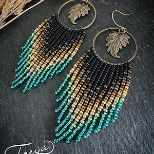 Bronze black and turquoise ombré beaded earrings, ombre short fringe lightweight gradient earrings seed bead fringe earrings, gift for her