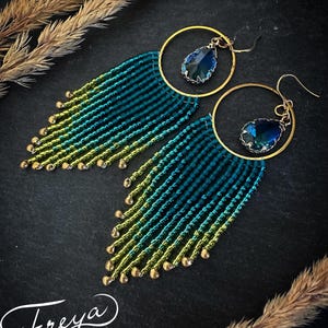 Beaded blue gemstone earrings, ombre teal seed bead earrings, fringe beaded earrings, boho gradient dangle earrings, perfect gift for her