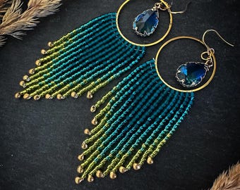 Beaded blue gemstone earrings, ombre teal seed bead earrings, fringe beaded earrings, boho gradient dangle earrings, perfect gift for her
