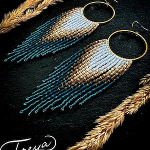 Teal ombre beaded earrings, long fringe seed bead earrings,gradient dangle earrings,turquoise earrings,perfect gift for her,handmade jewelry