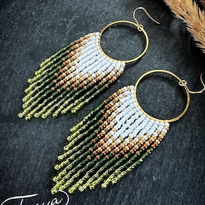 Gold white and olive ombré beaded earrings, ombre short fringe lightweight gradient earrings, seed bead fringe earrings perfect gift for her