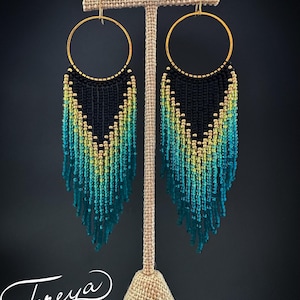 Black and teal beaded earrings, ombre long fringe handmade gradient earrings, dangle turquoise earrings, fringe beaded hoops, gift for her