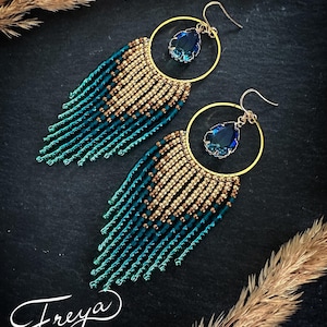 Gold teal beaded earrings, handwoven fringe earrings with crystals, gradient dangle earrings, ombre turquoise earrings, perfect gift for mom