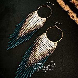 Teal ombre beaded earrings, long fringe seed bead earrings,gradient dangle earrings,turquoise earrings,perfect gift for her,handmade jewelry