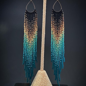 Handmade Native Style Beaded Earrings, Long Teal Ombre Fringe, Bronze seed bead Boho Jewelry