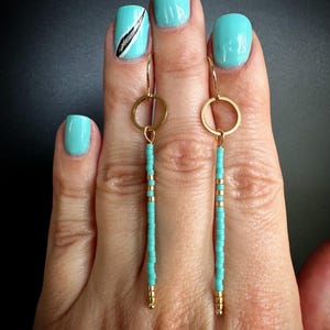Turquoise Seed Bead Earrings: Long Linear Dangle, Minimalist Style