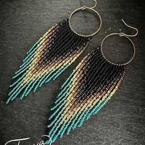 Bronze black and turquoise beaded earrings, ombre long fringe lightweight handmade gradient earrings, fringe beaded hoops, gift for her