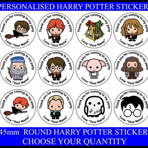 May include: A sheet of 45mm round Harry Potter stickers. Each sticker features a different character, including Harry, Hermione, and Dobby, with the text "Thank you for coming to my party" and space for a name.