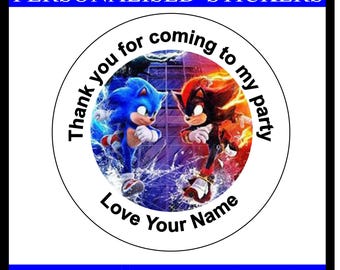 Personalised Sonic Themed Happy Birthday Round Stickers Sweet Cone Stickers Party Bag Labels Any Birthday Boy or Girl