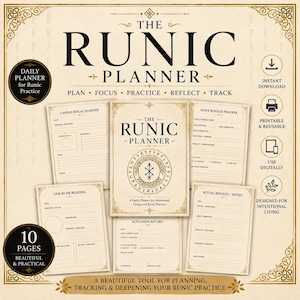 Könnte beinhalten: Der Runic Planner ist ein 10-seitiger, druckbarer Tagesplaner mit einem zentralen Deckblatt, das ein kreisförmiges Runendesign zeigt, umgeben von verschiedenen Tracking-Blättern wie einem Kerzenritual-Planer und einem Stave-Ergebnis-Tracker.