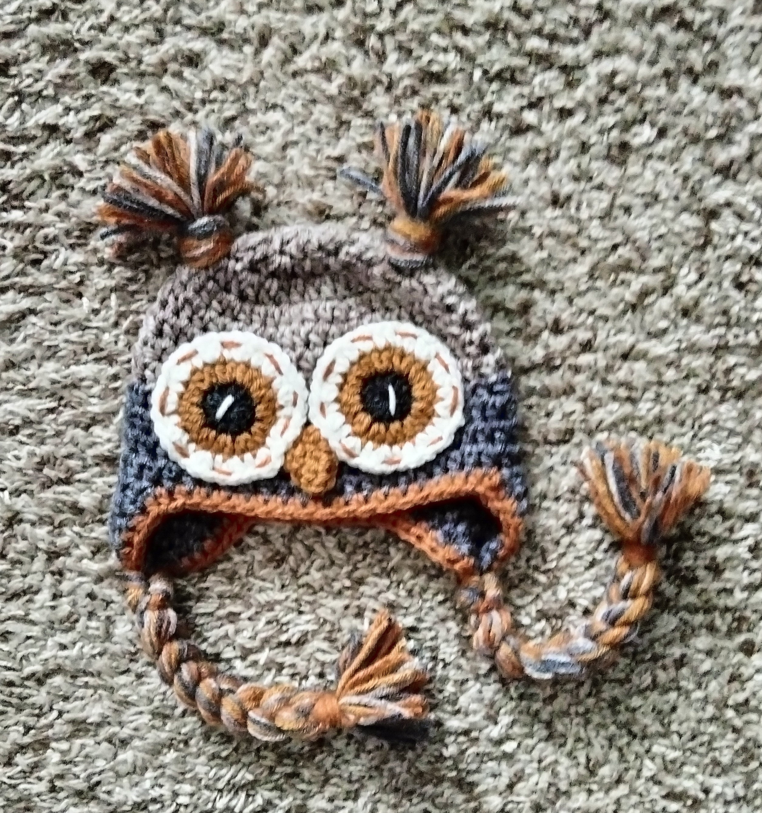 Hand Crochet Owl Hat, Kids Age 3-5 Magenta Pink & Purple Trapper Hat 