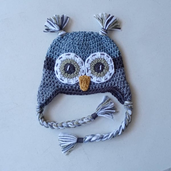 Owl hat blue and Grey made to order in any size.