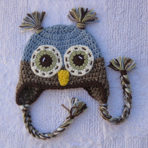 Blue owl hat made to order in any size - newborn to adult x large.