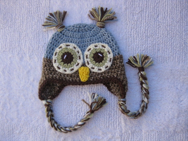 Blue owl hat made to order in any size - newborn to adult x large.