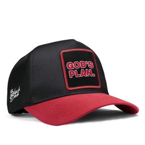 May include: Black and red trucker hat with a square patch that says "GOD'S PLAN." in red letters.