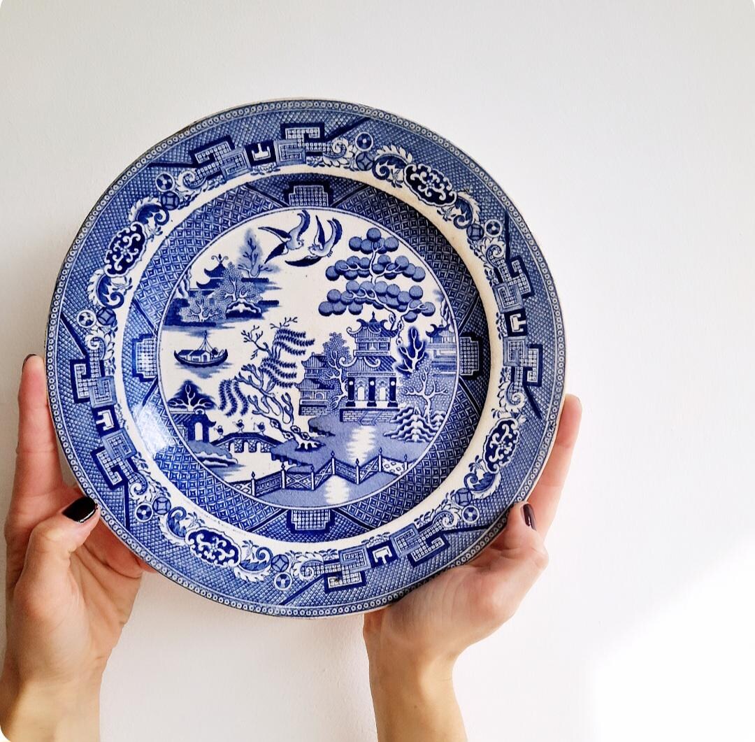 Antique Blue Willow Plate by Wood & Sons Transferware – Birds and