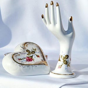 Vintage Floral Porcelain Jewelry Set: Ring Holder & Heart Box