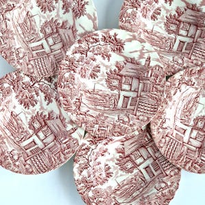 Vintage Myott 'The Hunter' Rot Transferware Set: Suppenschalen & Servierplatte