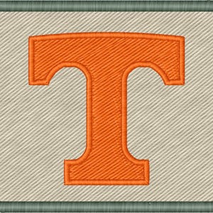 Op de afbeelding: Geborduurde patch met een grote oranje letter "T" op een lichtbeige achtergrond. De letter is gestikt met een textuurpatroon en de patch heeft een groene rand. Het ontwerp is rechthoekig.