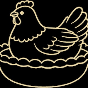 May include: A detailed illustration of a hen sitting in a nest. The hen is depicted in a line art style with a beige outline, set against a black background. The nest has a scalloped edge, and the hen has a detailed comb and wattle.