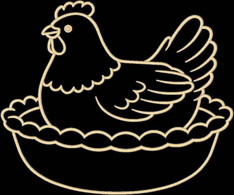 May include: A detailed illustration of a hen sitting in a nest. The hen is depicted in a line art style with a beige outline, set against a black background. The nest has a scalloped edge, and the hen has a detailed comb and wattle.