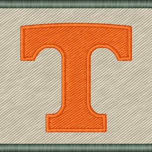 Op de afbeelding: Geborduurde patch met een grote oranje letter "T" op een lichtbeige achtergrond. De patch heeft een rechthoekige vorm met afgeronde hoeken en een donkergroene rand. De "T" is gevuld met oranje draad.