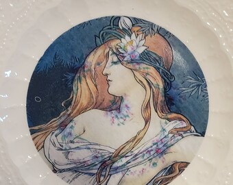 Art Noveau Goddess Water Nymph Florence and the Machine detailed upcycled antique porcelain altar plate
