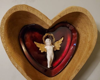 Red Hot angel saint in a wooden santos heart assemblage art