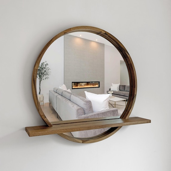 Handmade Wood Mirror with Shelf | Rustic Farmhouse Bathroom Vanity Decor | Round Oak Walnut Ash Frame | Custom Size Wall Mirror