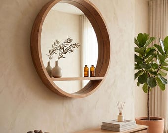 Round Wood Mirror with Shelf, Solid Oak Floating Shelf Mirror, Modern Organic Wall Decor, Japandi Entryway Vanity Mirror, Wooden Wall Art