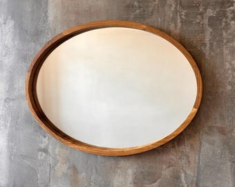 Espejo ovalado de madera para tocador de baño / Decoración de pared moderna de mediados de siglo / Marco de roble macizo, nogal y fresno / Arte de pared hecho a mano a medida