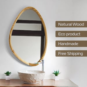 Irregular Wooden Mirror, Handmade Natural Wood Wall Mirror, Asymmetrical Slim Vanity Mirror, Modern Bathroom or Entryway Decor