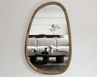 Mid century modern, Wooden irregular mirror, Aesthetic mirror, dorm decor, boho decor Custom design mirror, slim mirror, natural wood mirror
