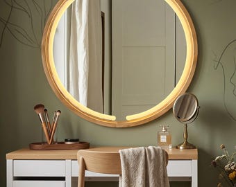 Round Lighted Mirror with Oak Frame, LED Backlit Wooden Mirror, Aesthetic Wall Decor, Round Makeup Vanity Mirror, Warm Glow Wood Mirror