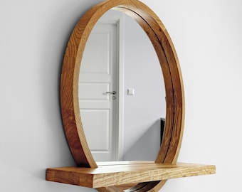 Handmade Wood Wall Mirror with Shelf: Oak, Walnut, or Ash Frame