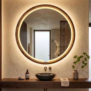 May include: A circular wall mirror with a dark wood frame and integrated warm LED backlighting. The mirror is mounted above a dark wood floating vanity featuring a dark stone vessel sink, a metal faucet, a soap dispenser, and a small plant.