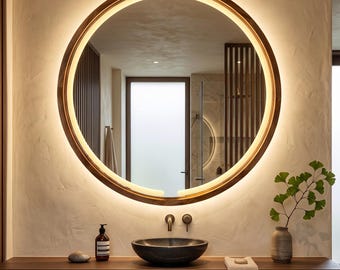 LED Round Mirror Solid Oak, Backlit Wood Bathroom Mirror, Lighted Vanity Mirror, Modern Minimalist Warm Light Wall Mirror, Cozy Home Decor