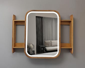 Botiquín de madera con retroiluminación LED / Espejo de baño cuadrado redondeado con estantes / Nogal, roble, fresno / Armario de almacenamiento a medida