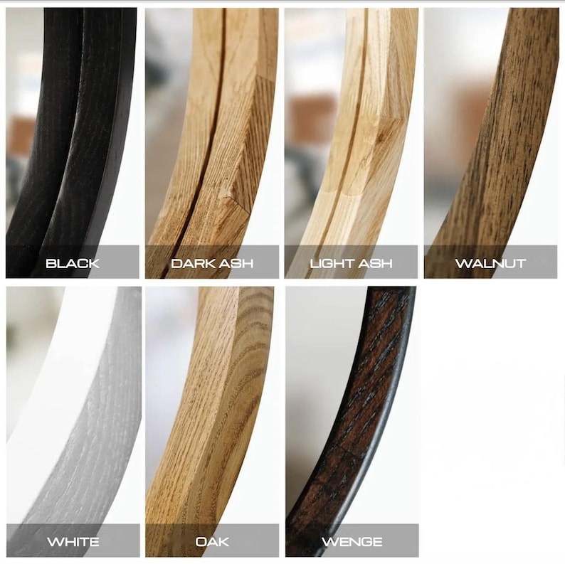 May include: A composite image showing eight curved wooden mirror frame samples labeled Black, Dark Ash, Light Ash, Walnut, White, Oak, and Wenge. Each section displays the specific wood grain texture and color finish of the circular frame.