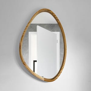 Modern Irregular Wall Mirror, Asymmetrical Wooden Vanity Mirror, Handmade Slim Natural Wood Mirror for Bathroom or Living Room Decor