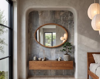 Oval Wood Bathroom Vanity Mirror | Mid-Century Modern Wall Decor | Solid Oak Walnut Ash Frame | Custom Size Handmade Wall Art