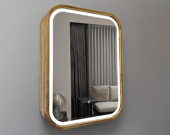 Mid-century modern cabinet, Wooden square LED mirror with shelves, Aesthetic mirror, wall decor, Custom design mirror, medicine cabinet