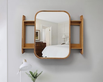 LED Wooden Bathroom Vanity Mirror with Storage Shelf | Square Wall Mirror | Oak Walnut Ash Frame | Custom Size Modern Mid-Century Decor