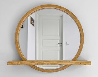 Round Oak Wood Mirror with Shelf | Bathroom Vanity Mirror | Walnut Ash Frame Modern Mid-Century Decor | Custom Size Handmade Wall Mirror