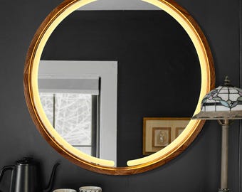 LED Bathroom Vanity Mirror | Dimmable Backlit Wood Mirror | Walnut Oak Ash Frame | Round or Rectangle | Custom Size Handmade Wall Decor
