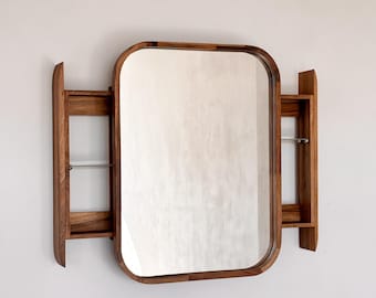Square Bathroom Vanity Mirror with Storage Shelf | Wood Frame Wall Mounted Mirror | Oak Walnut Ash | Custom Size Modern Mid-Century