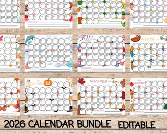 Editable 2026 Monthly Calendar Bundle, Home and Office Printable Download, Cute Printable Monthly Planner For Kids, Holiday Calendars 2026