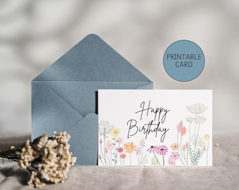 Printable Birthday Card for Her, Happy Birthday, Watercolor Floral, Instant Download, 5x7 Greeting Card, Mother, Sister, Wife, Grandma