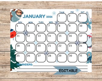 January Editable Calendar 2026: Winter Themed Monthly Planner Printable (Digital Download)